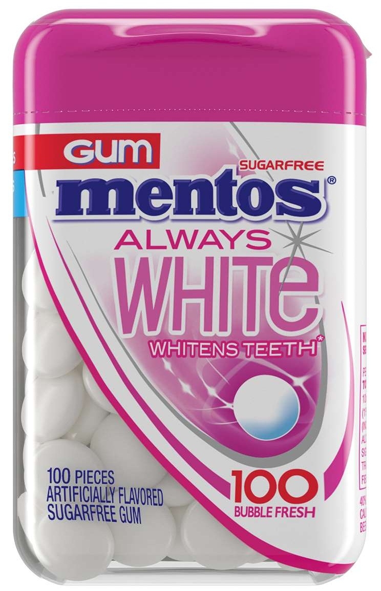 Mentos Always White Bubble Fresh Sugar Free Gum, 100 count per pack -- 24 per case