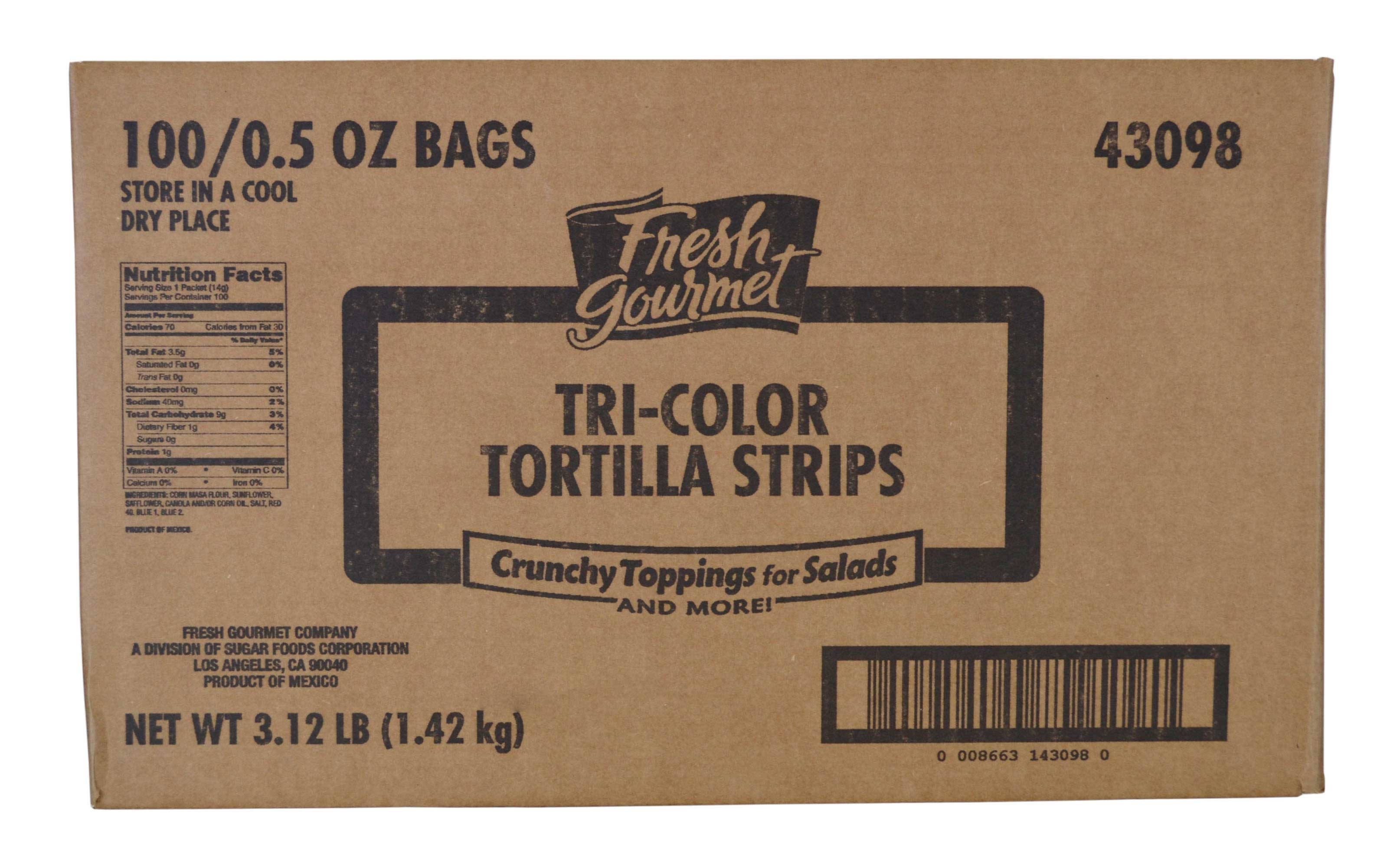 Fresh Gourmet Tri Colored Tortilla Strips, 0.5 Ounce -- 100 per case.