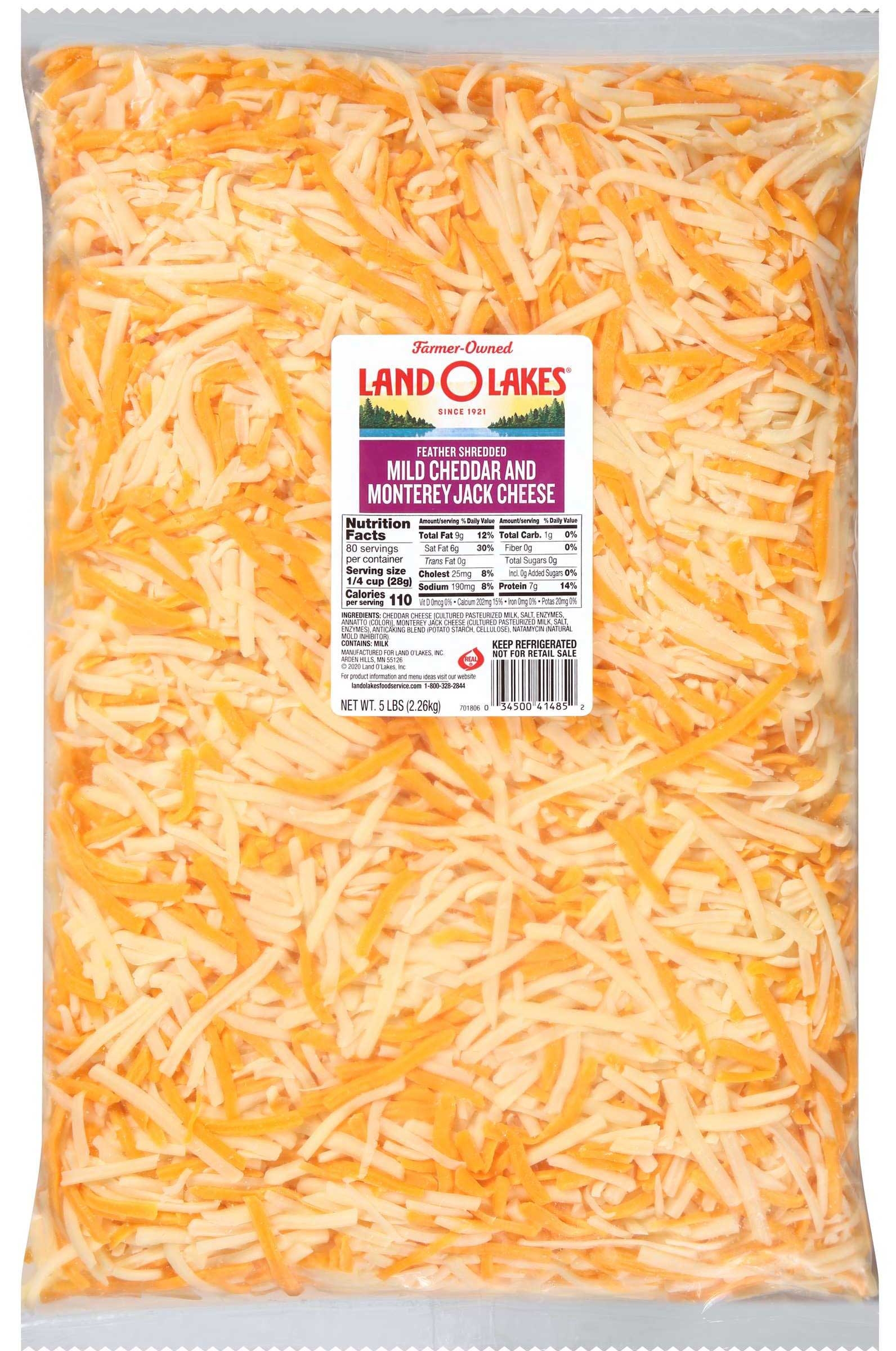 Land O Lakes Feather Shredded Mild Cheddar and Monterey Jack Cheese Blend, 5 Pound -- 4 per case.