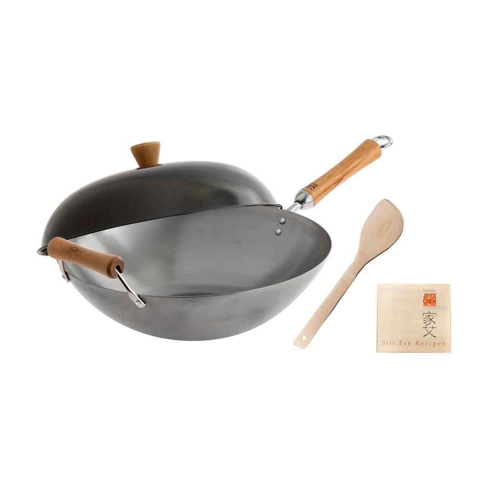 Joyce Chen Classic Series 14 inch Uncoated Carbon Steel Flat Bottom Wok Set with Lid and Birch Handle, 4 count