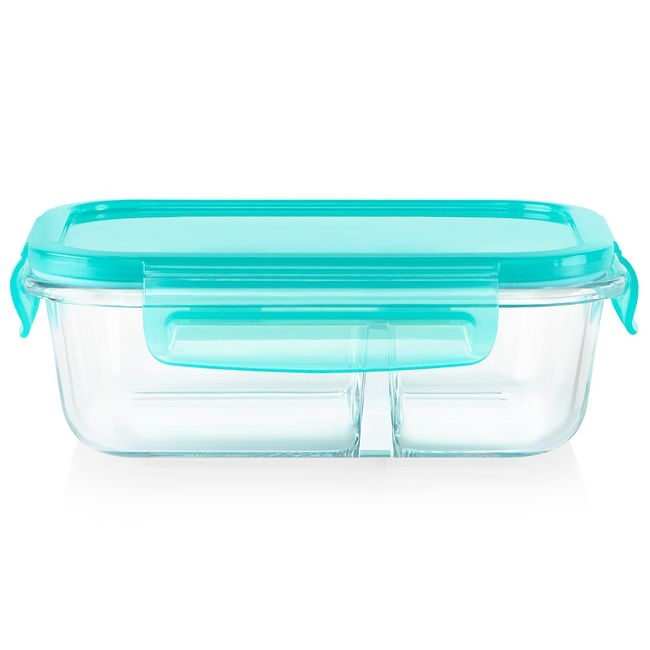 Pyrex MealBox 2.3 Cup Divided Glass Food Storage Container with Turquoise Lid -- 4 per case