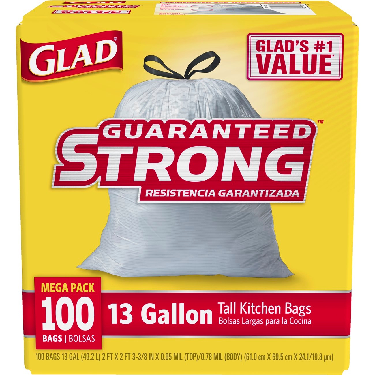 Glad Kitchen Tall Drawstring White Garbage Bag, 100 count per pack -- 4 per case.