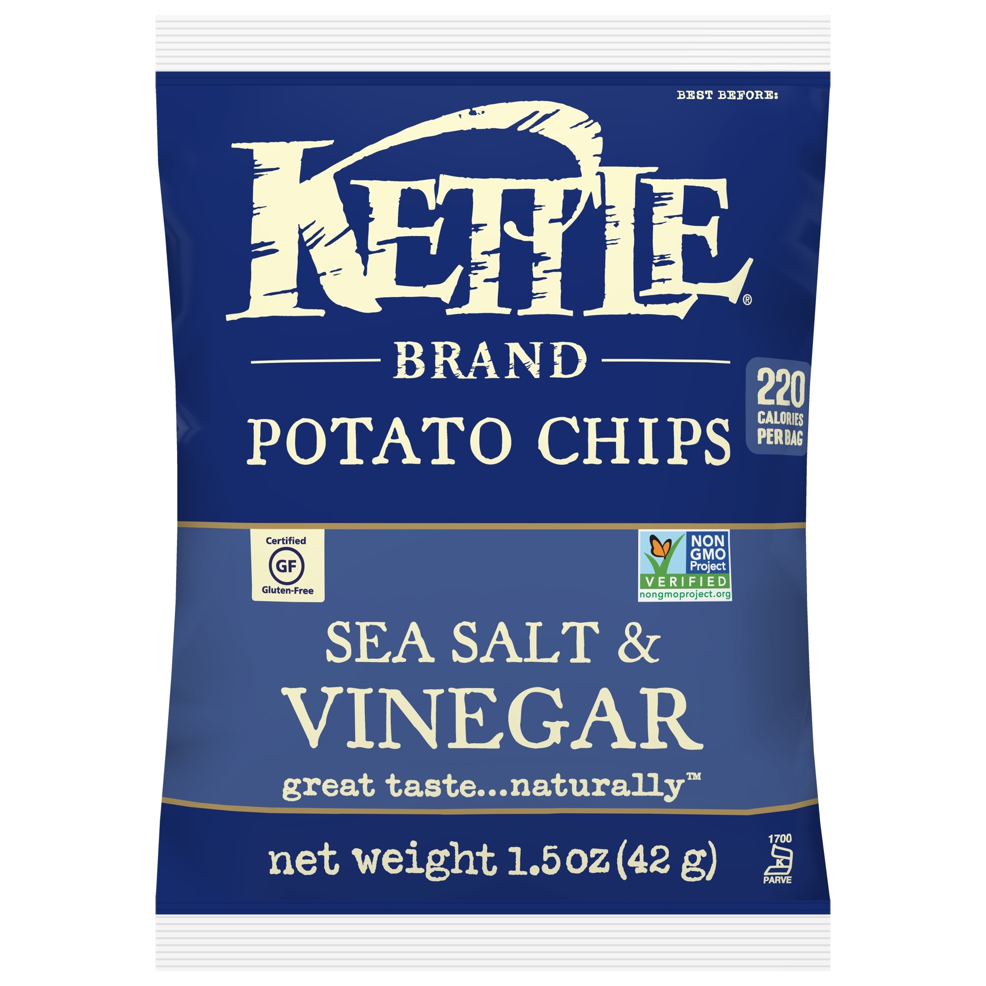 Kettle Foods Sea Salt and Vinegar Potato Chips, 1.5 Ounce -- 24 per case.