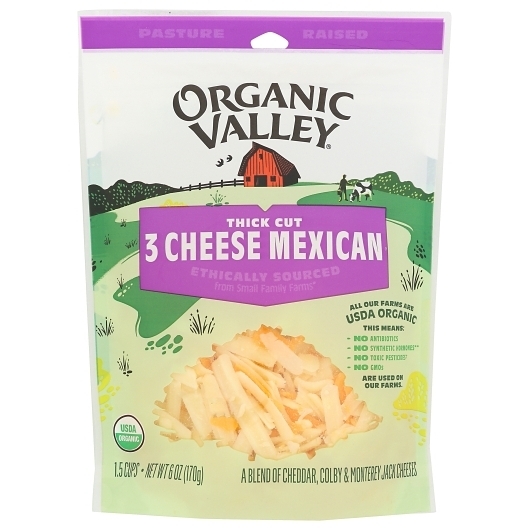Organic Valley Organic 3 Cheese Thick Cut Shredded Mexican Cheese Blend, 6 Ounce -- 12 per case