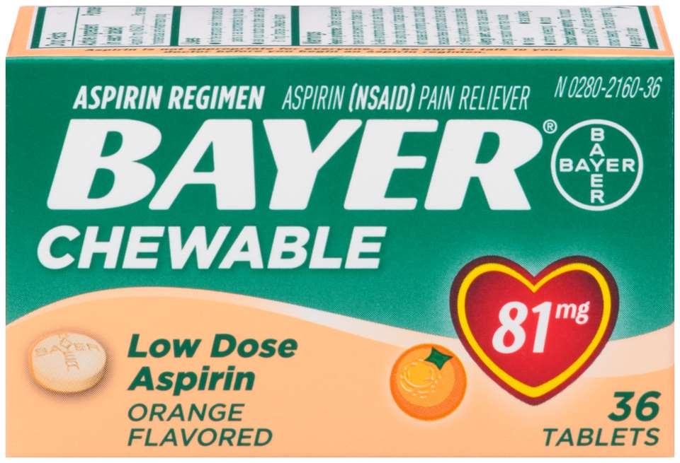 Bayer Low Dose 81mg Aspirin Pain Reliever Orange Flavor Chewable Tablets, 36 per unit -- 36 per case