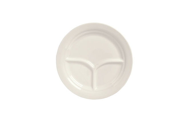 Syracuse China Undecorated White 3 Compartment Plate, 10 1/4 inch -- 12 per case.