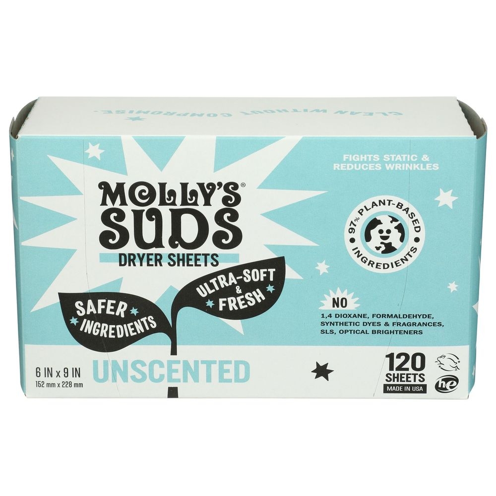 Mollys Suds Unscented Plant Based Fabric Softener Dryer Sheets, 120 count -- 6 per case