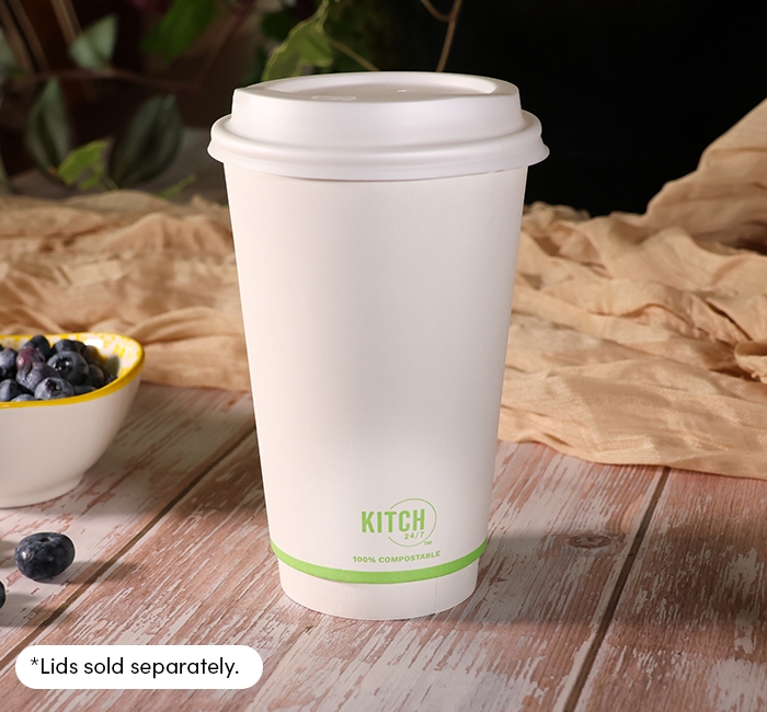 KITCH 24/7 White Compostable Smooth Insulated Paper Hot Cup, 16 Ounce -- 500 per case