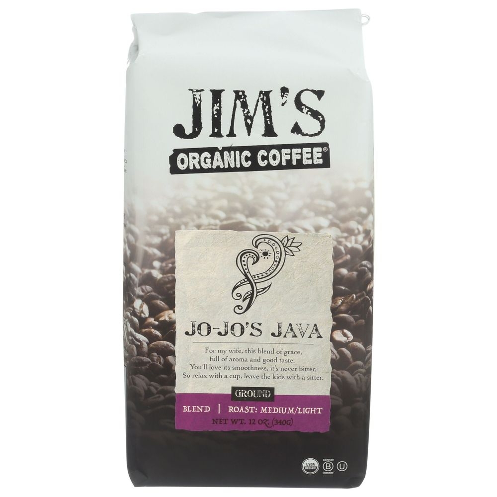 Jims Organic Coffee Jo Jos Java Medium or Light Roast Ground Coffee, 12 Ounce -- 6 per case