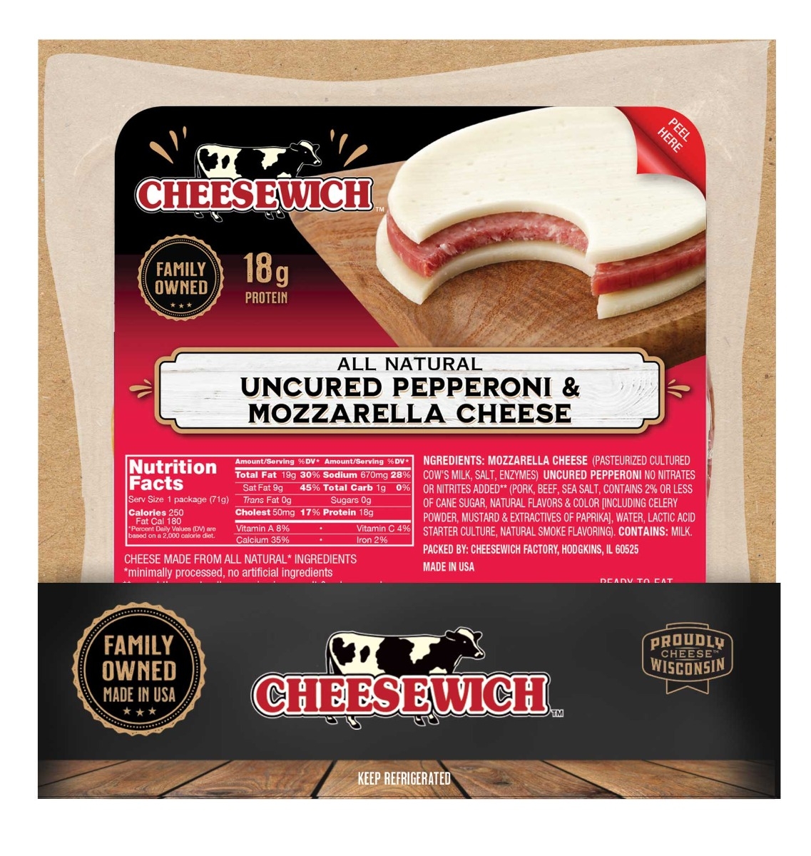 Cheesewich All Natural Uncured Pepperoni and Mozzarella Cheese, 2.5 Ounce -- 64 per case
