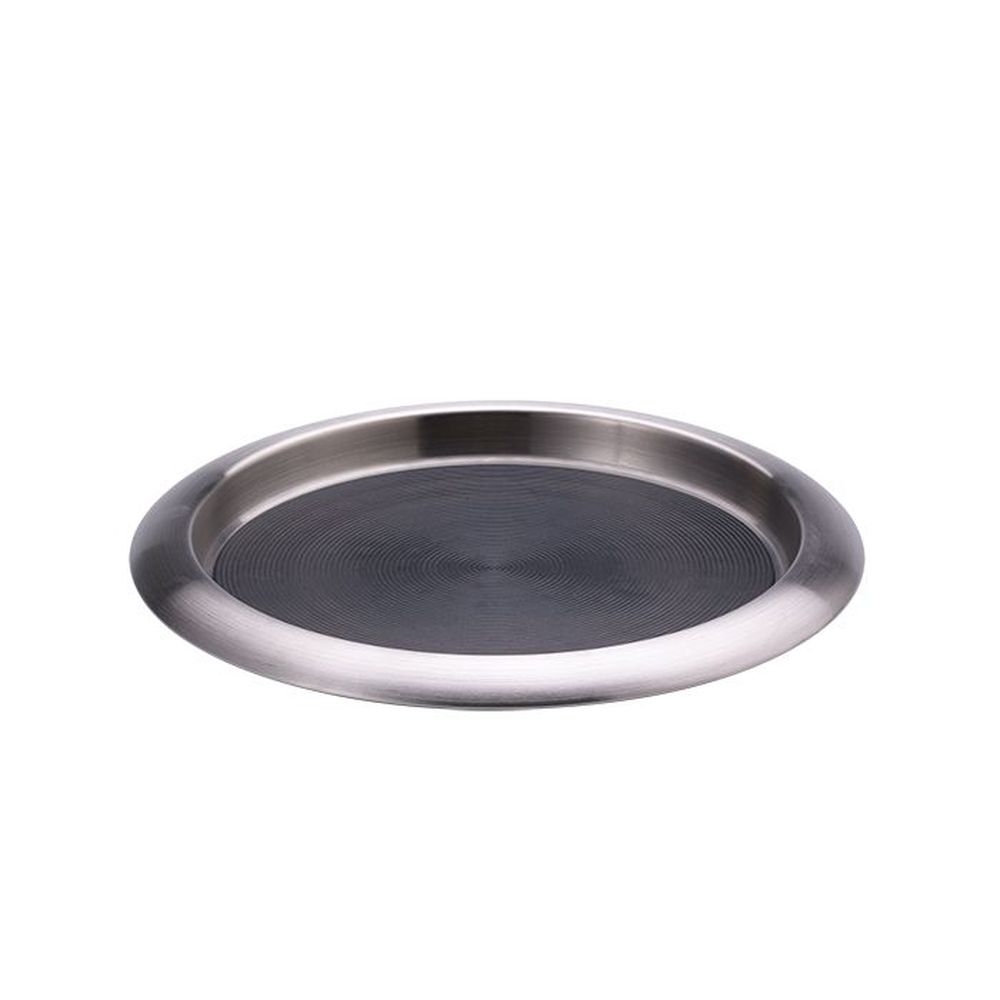 Service Ideas Brushed Stainless Non Slip Round Molded-Insert Stackable Bar and Serving Tray, 9 x 9 x 1 inch