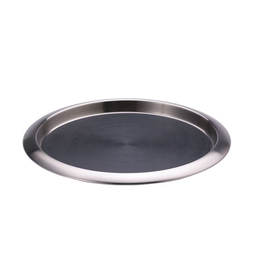 Service Ideas Brushed Stainless Non Slip Round Molded-Insert Stackable Bar and Serving Tray, 12 x 12 x 1 inch