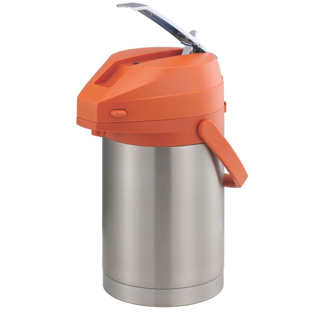 Service Ideas Color Me SVAC Brushed Stainless Finish Vacuum Insulated Airpot with Orange Lever Pump Lid, 2.2 Liter Capacity