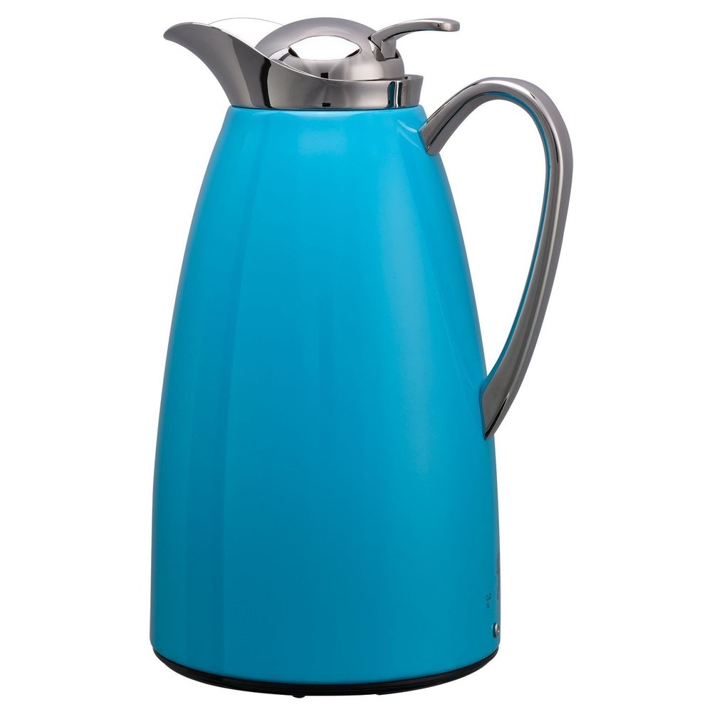 Service Ideas Classy Blue Finish Glass Vacuum Insulated Carafe with Push Button, 1 Liter Capacity