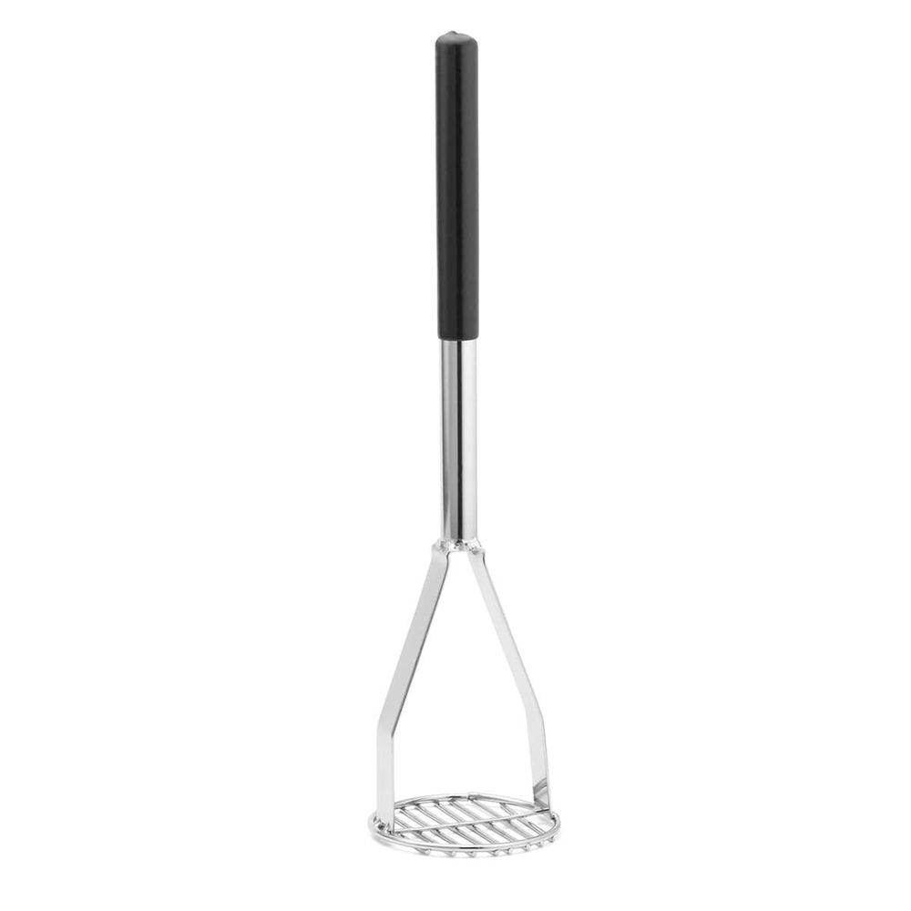 Tablecraft Round Face Chrome Plated Steel with Black Vinyl Potato Masher, 4.5 x 4.5 x 19 inch