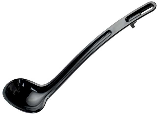 Winco Curv Black Polycarbonate 8 1/2 inch One Piece Dual Spout Ladle, 3/4 Ounce Capacity -- 144 per case