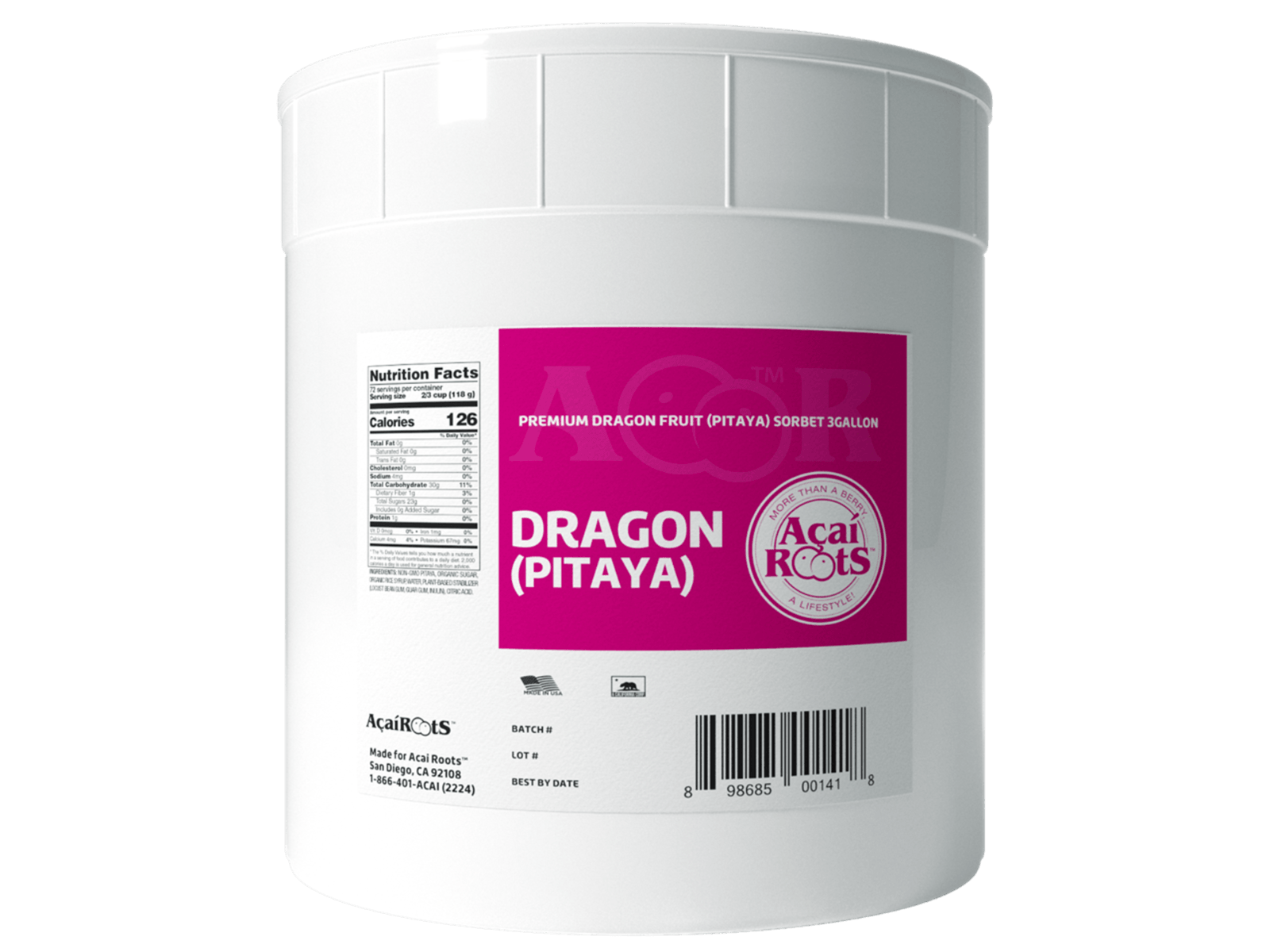 Acai Roots Pitaya Fruit Sorbet, 3 Gallon.