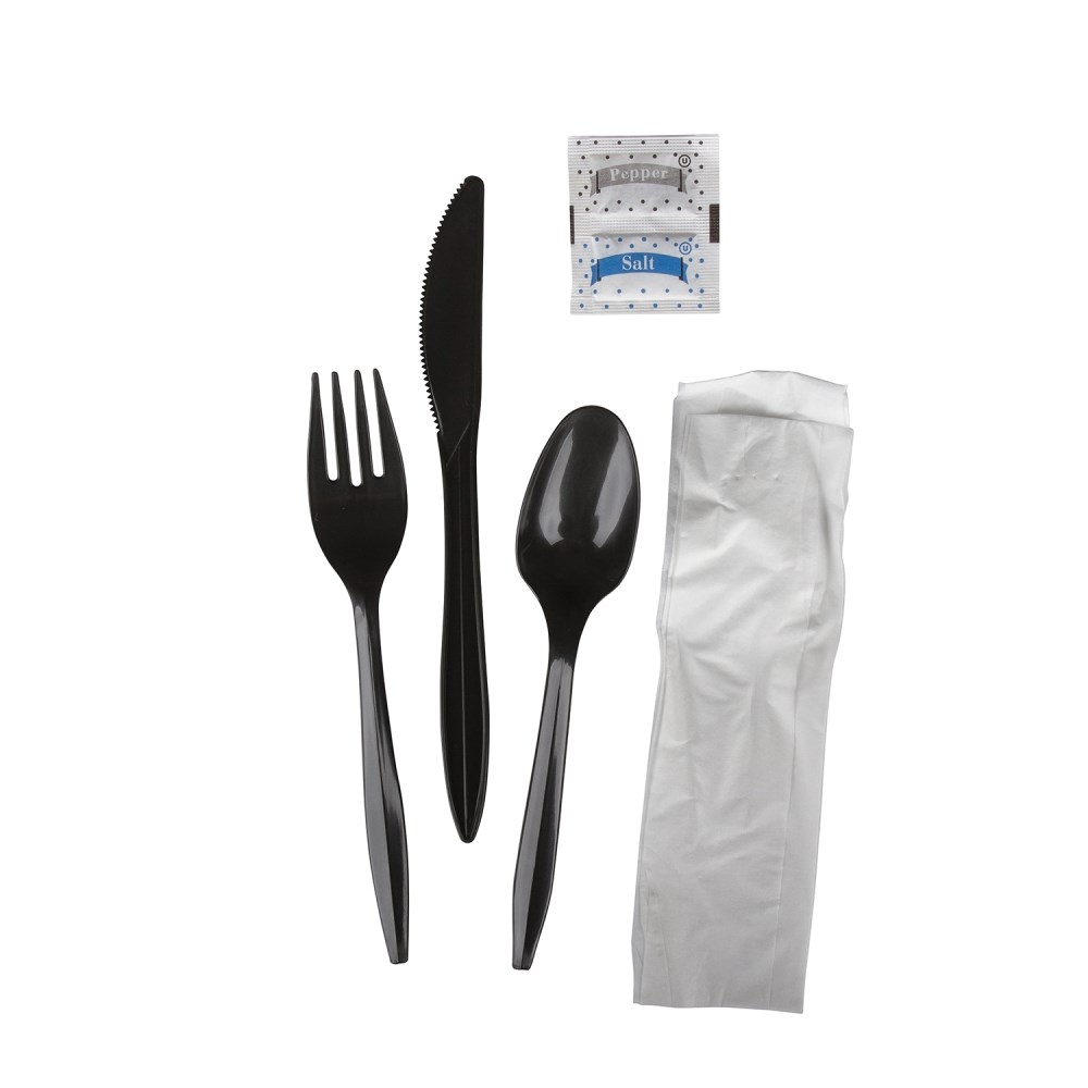 Prime Source Black Medium Polypropylene Knife Fork Teaspoon Salt and Pepper 10 x 12 inch Napkin Cutlery Kit -- 250 per case