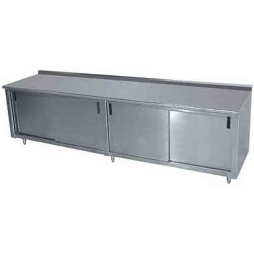 Stainless Steel 1 1/2 inch Backsplash Enclosed Base Work Table With Slide Door and Midshelf, 36X96 inch.