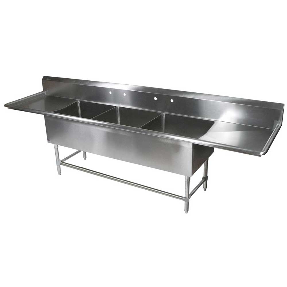 John Boos 16 Gauge Stainless Steel Three Bowl Sink with 18 inch Left and Right Drainboard, 93 1/4 x 29 1/2 inch.