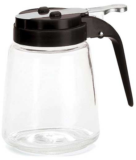 Tablecraft Modern Collection Black Plastic Top Glass Syrup Dispenser, 8 Ounce Capacity -- 12 per case