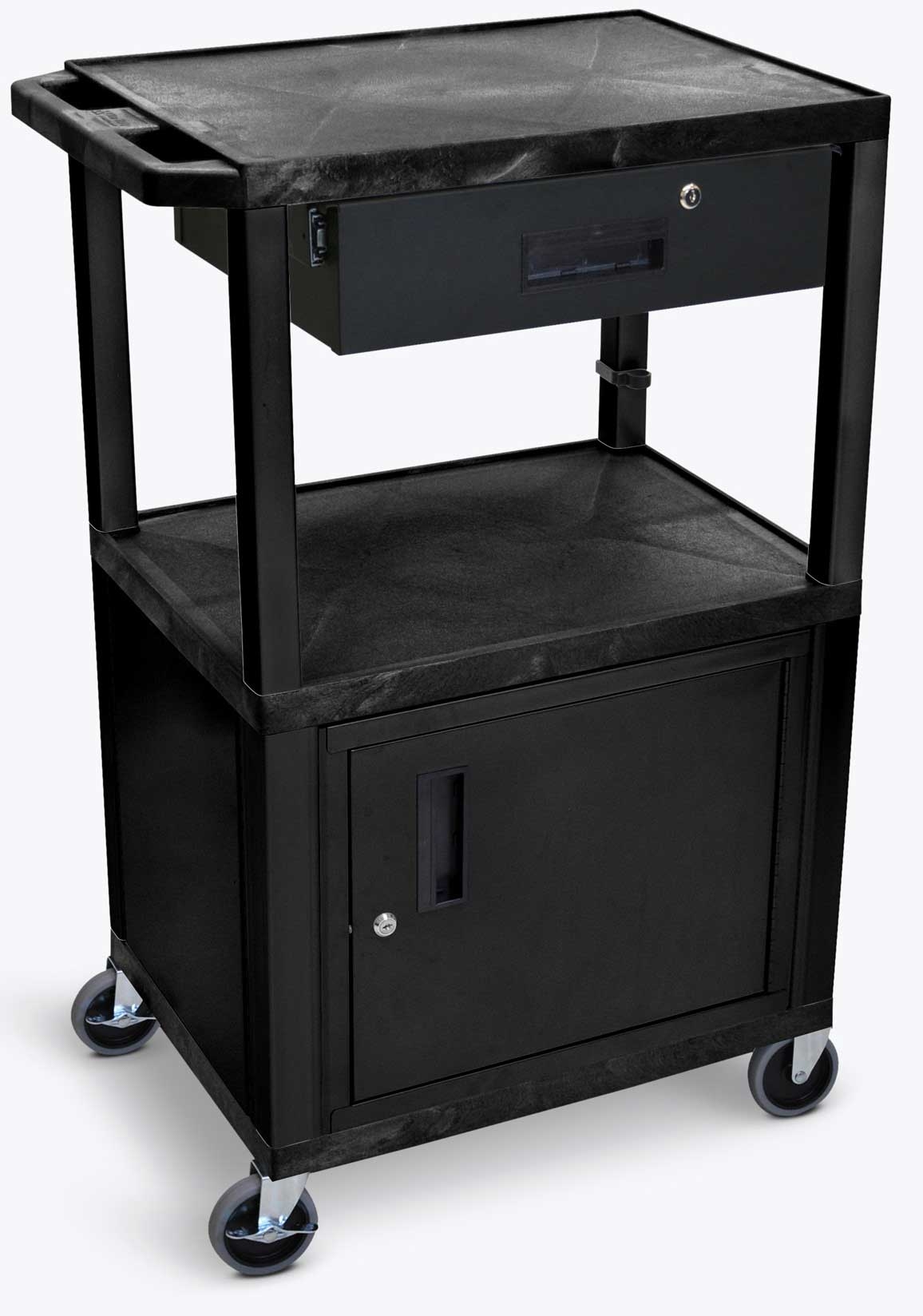 Luxor Black 3 Shelves Cabinet AV Cart with Drawer and Black Legs, 24 x 18 x 42.5 inch Height