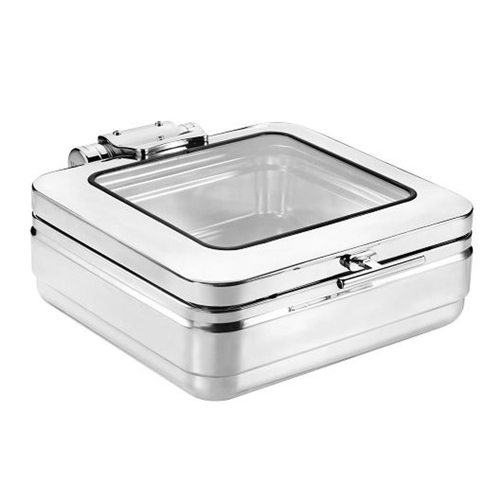 I8/10 Stainless Steel Diva Square Induction Chafer with Glass Lid and Stainless Steel Insert, 14 3/4 x 18 7/8 x 6 3/4 inch