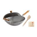 Joyce Chen Classic Series 14 inch Uncoated Carbon Steel Flat Bottom Wok Set with Lid and Birch Handle, 4 count