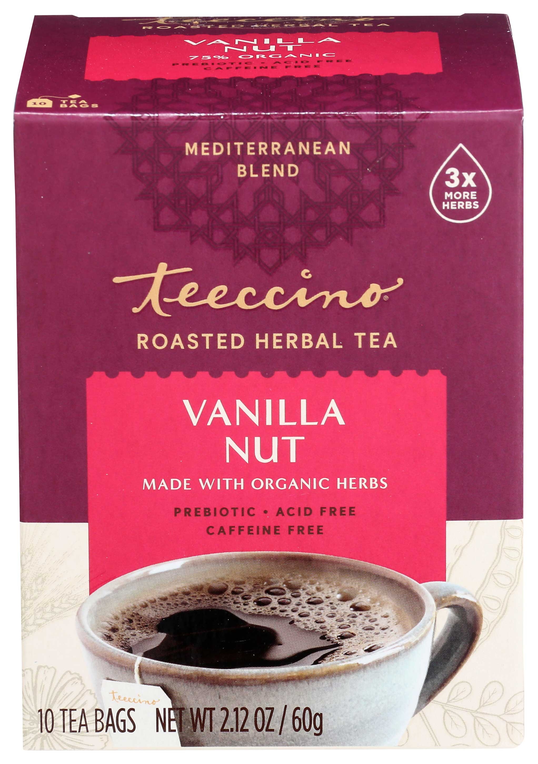 Teeccino Organic Mediterranean Vanilla Coffee - 10 tee bags per pack -- 6 packs per case.