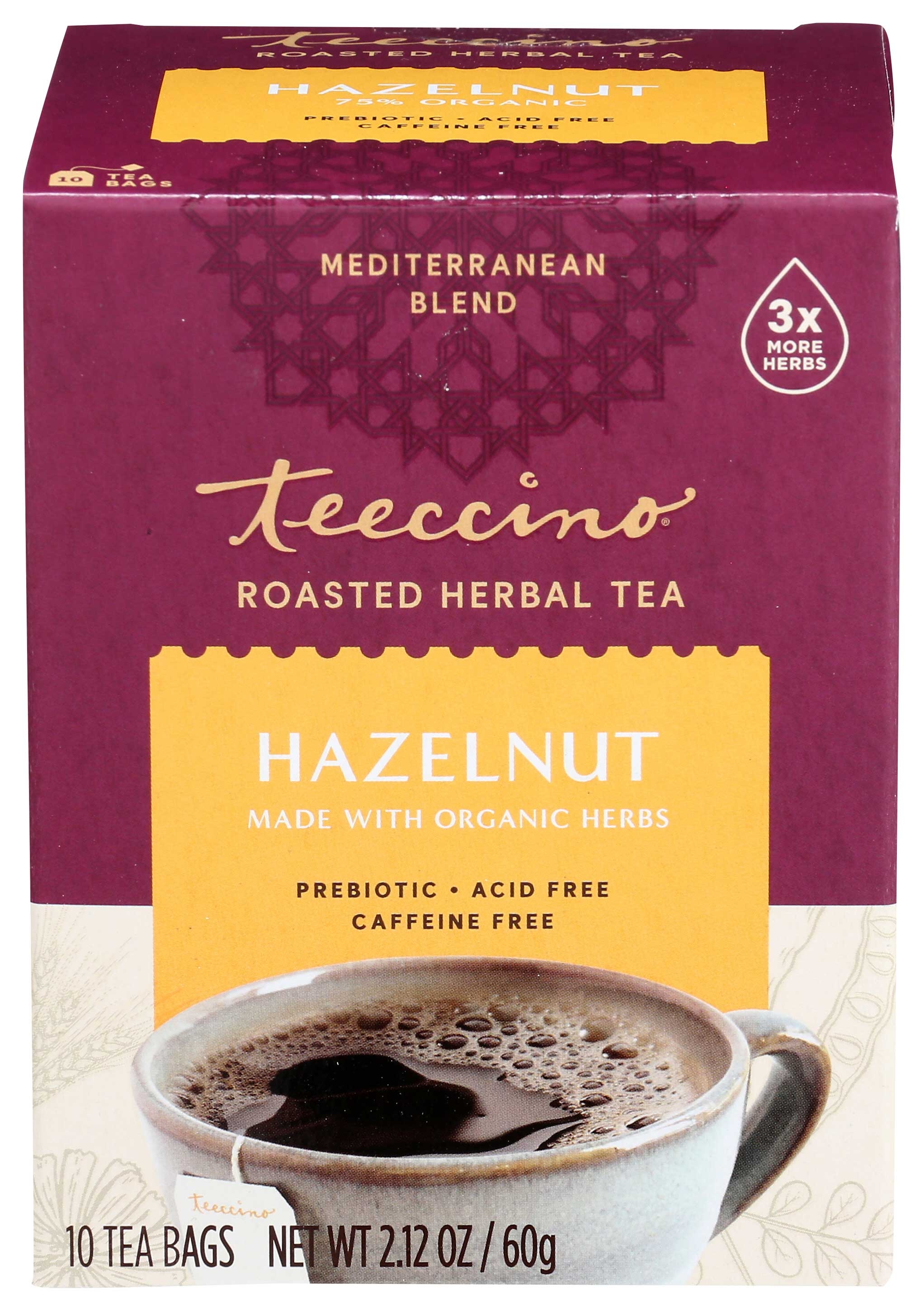 Teeccino Organic Mediterranean Hazelnut Coffee - 10 tee bags per pack -- 6 packs per case.