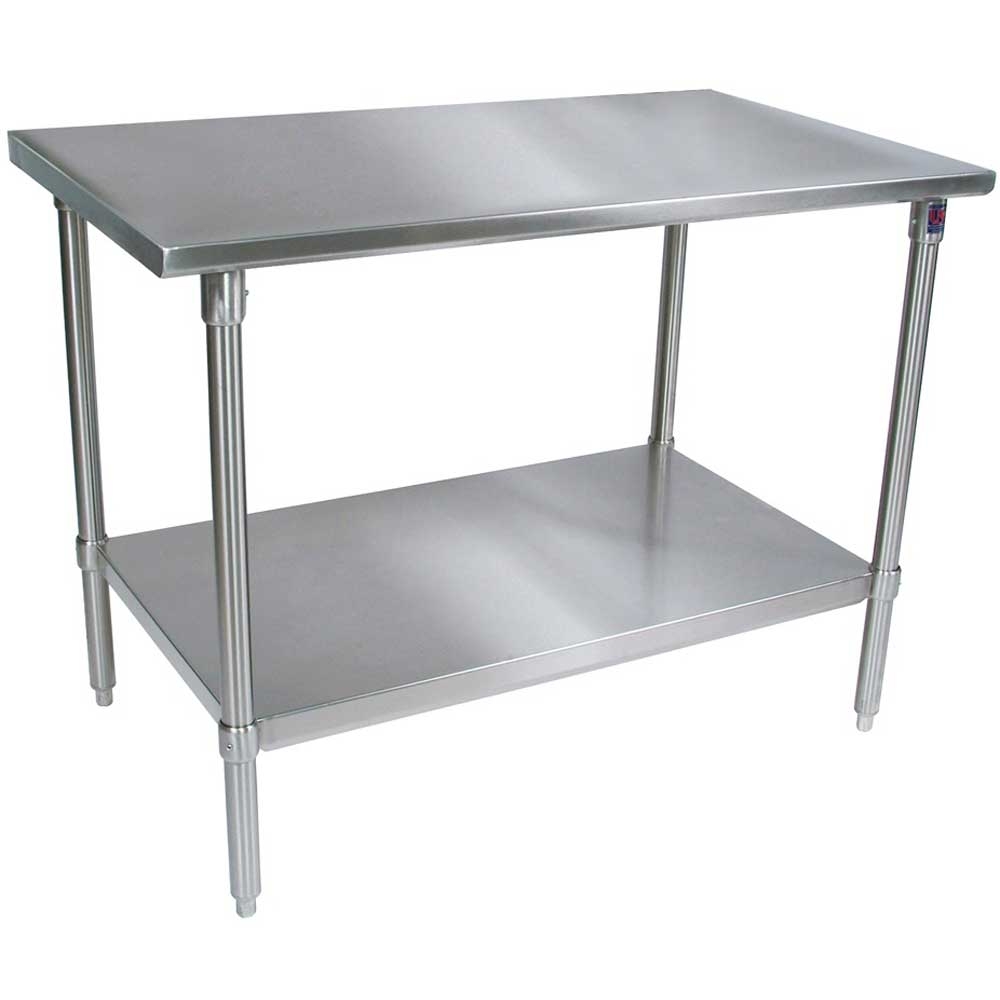 John Boos 14 Gauge Stainless Steel Base Flat Top Work Table with Adjustable Shelf, 108 x 24 inch.