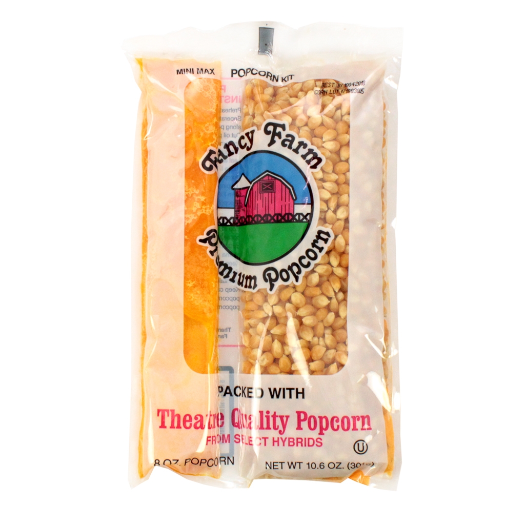 Fancy Farms Popcorn Mini-Max Kit - 10.6 oz. kit, 24 per case