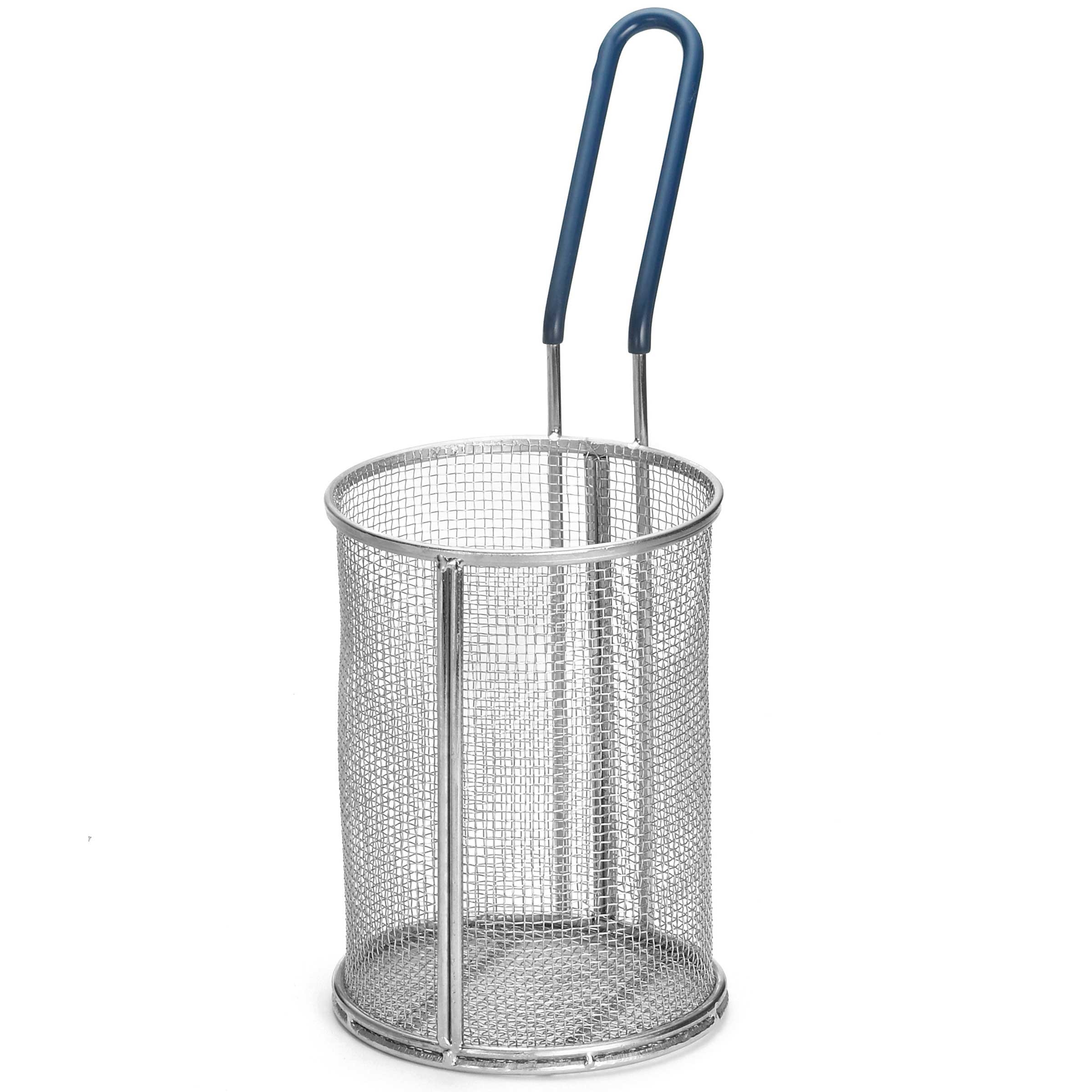 Tablecraft 18/8 Stainless Steel Small Round Pasta Basket with Blue Cool Touch Vinyl Handle, 5.25 x 5.25 x 7 inch -- 2 per case
